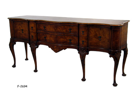 BUFFET: Georgian, Queen Anne, 2 door burl wood with 6 drawers & fan design on legs, restored, 83 x 23-1/2 x 38"H SPECIAL PACKING