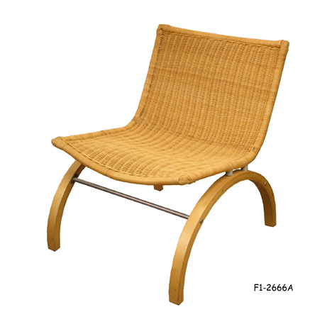 LOUNGE CHAIR: Contemporary, Natural woven rattan, sloped seat, waterfall legs, front & back tubular grey stretcher F1-2666 A