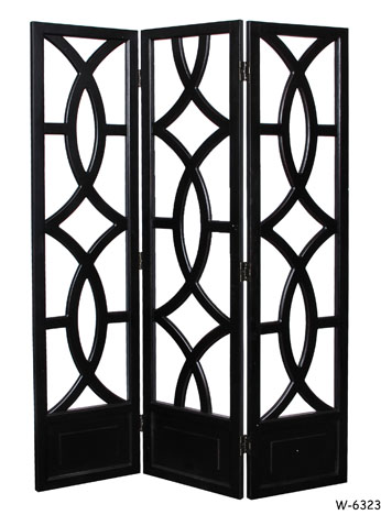 THREEFOLD SCREEN: Contemporary, Black Hardwood with Open Geometric Panels of Ovals & Diamonds over Lower Solid Panel, 54"W x 76"H Overall