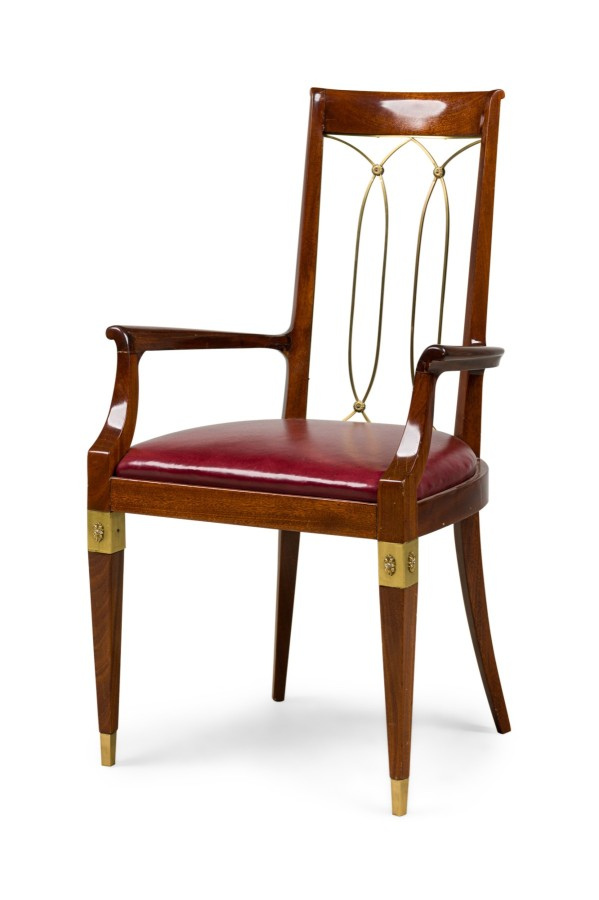 French Art-Deco Mahogany Brass Open Back Armchair