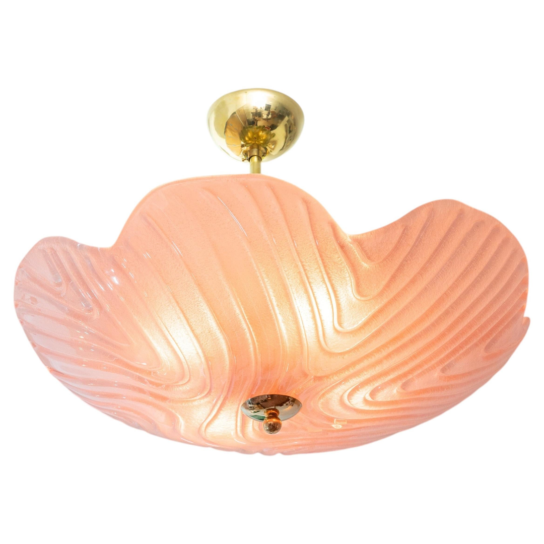 Pink Textured Murano Glass and Brass Flush Mount Chandelier, Contemporary Italy