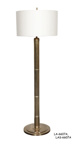 FLOOR LAMP: "Longacre" Contemporary, 2 Light Edison Socket Cluster with Pull Chains, Antiqued Brass Banded & Vertical Incised Column on Round Two-Tier Base with Attached Power Cord, 15"dia x 62"H, WITH CYLINDER SHAPE FINIAL & EXTENSION