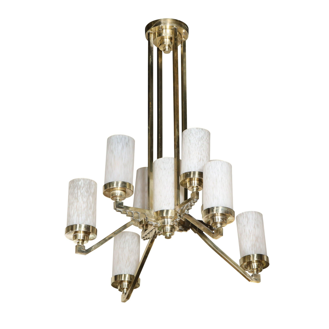 Art Deco Cubist Skyscraper Style Silvered Bronze & Mottled Glass Chandelier