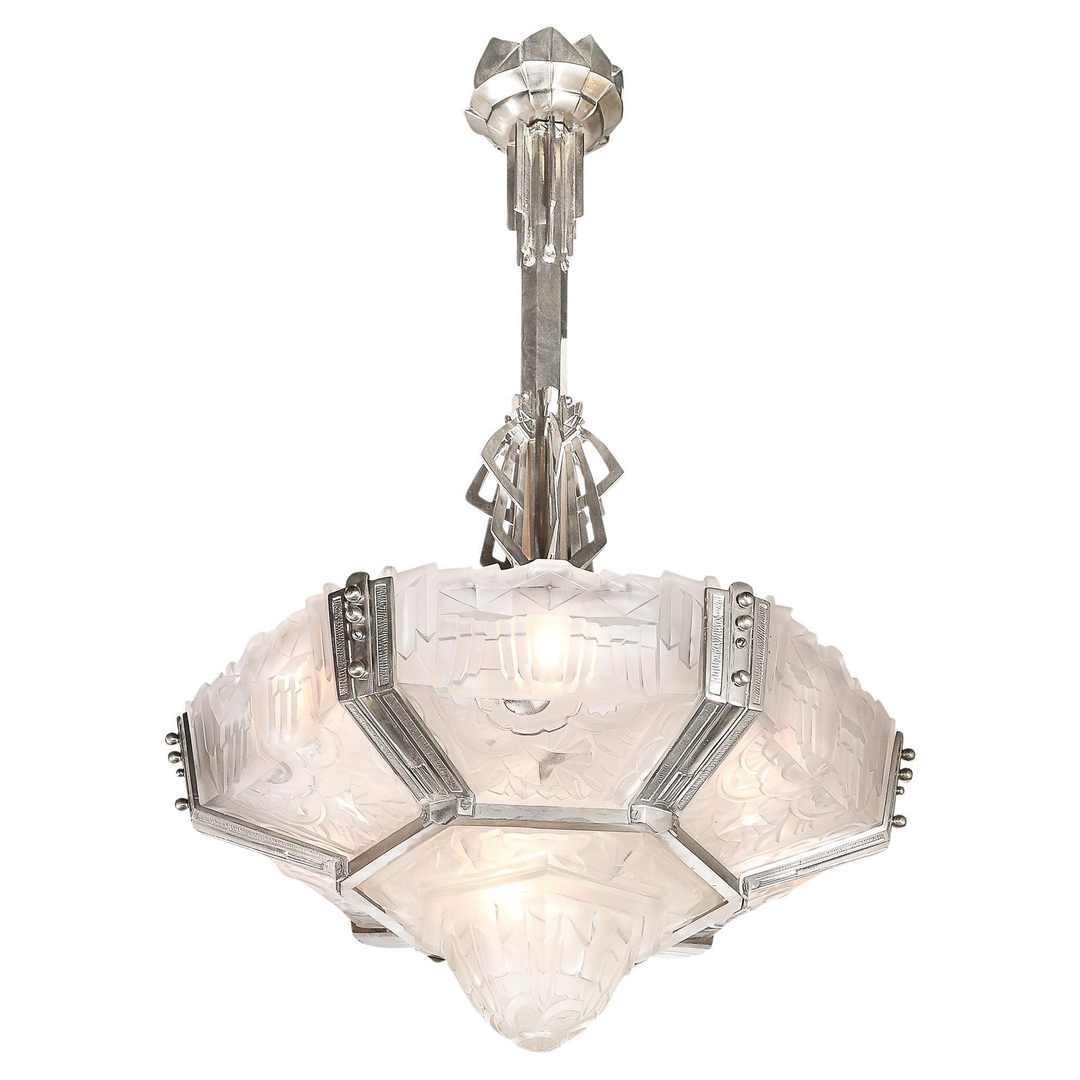 Art Deco Skyscraper Style Chandelier in Silvered Bronze & Frosted Glass by Hugue