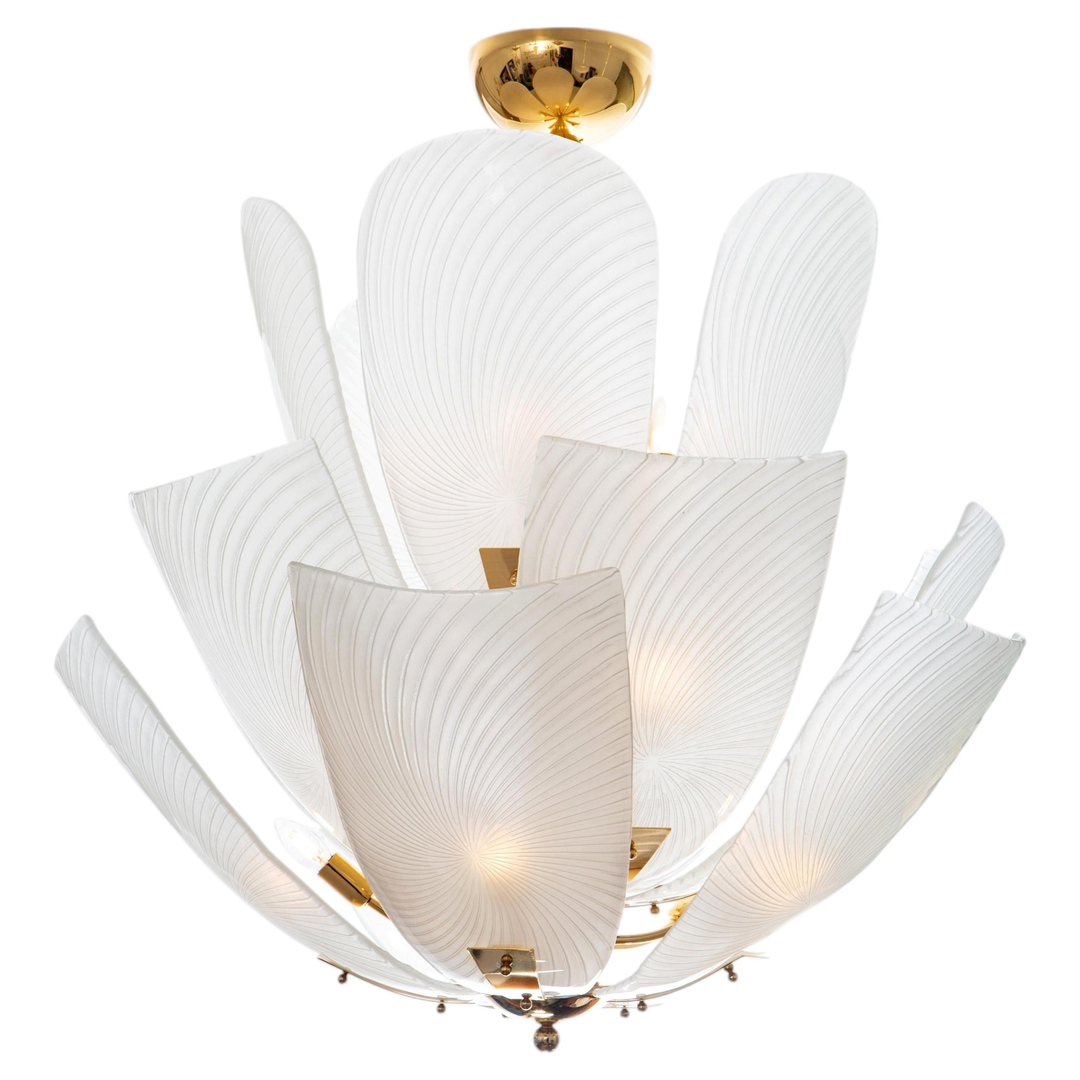 Large White Murano Glass Petal Tulip Chandelier with Brass, Contemporary Italy