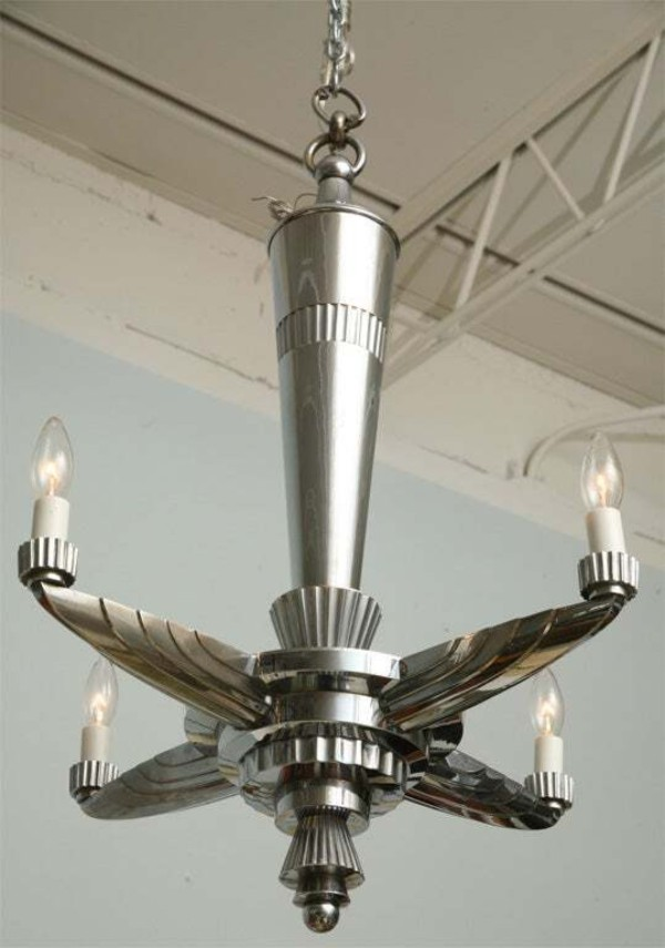 Art Deco Polished Nickel and Bronze Four-Arm Chandelier