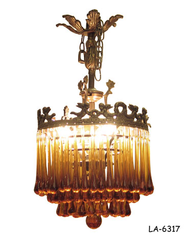 HANGING FIXTURE: Dull Gold cast pot metal with cupid and wreath figures at top; 3 Tier Concentric with 6" Dark Amber Glass Tear Drops surrounding 2 Candelabra sockets with candle covers, Amber Glass Ball at bottom, 12"dia x 22"H