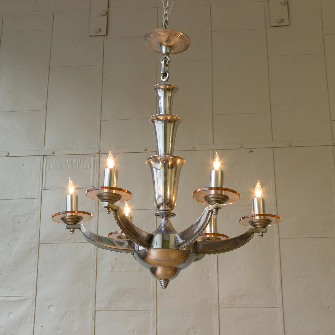 French Chrome & Glass Art Deco Chandelier by Petitot (LC0504-31)