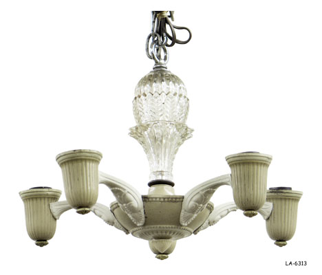 HANGING LAMP: 1920's painted cast Metal Center with Molded clear glass Leaf decorated Column, 5 arms-each with Edison socket; with chain drop & cord, 16"dia x 12"H