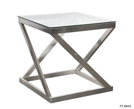 END TABLE: Contemporary, Square, Satin Brushed Aluminum "Z" Base in Square Tubing with Loose 22"Sq x 1/4"Thick Clear Glass Top, 22"Sq x 21-1/2"H