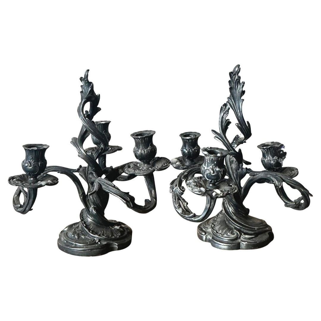 Vintage Art Nouveau Three Arm Candelabras - A Pair