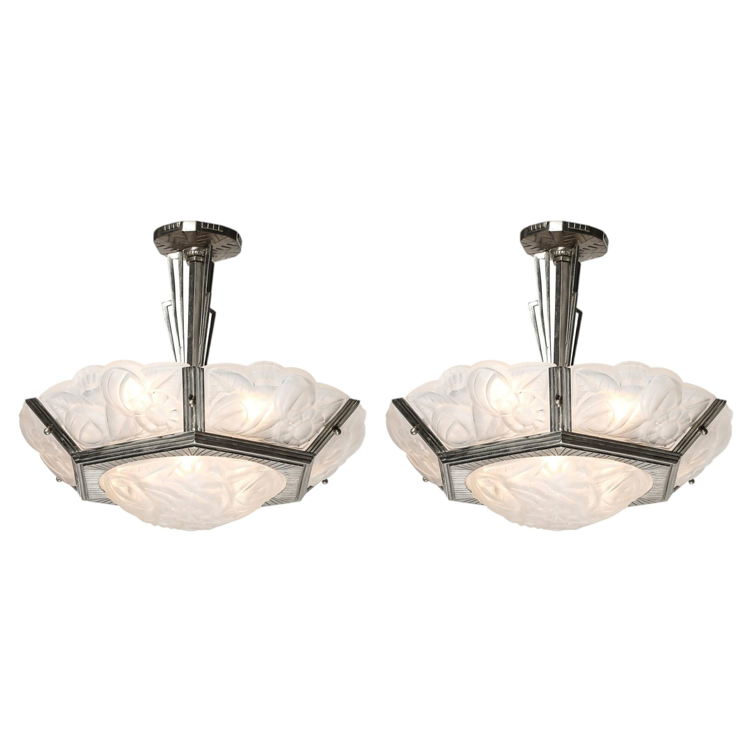 Pair of Art Deco Hexagonal Frosted Glass & Nickeled Bronze Chandeliers by Degue