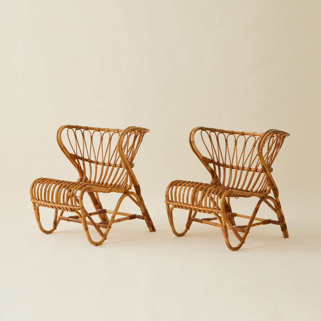 Viggo Boesen Danish Rattan “Fox Chairs”, a Pair, Mid Century, 1960's