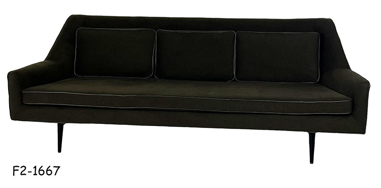 SOFA: Mid-1950's Style "Origami" By P. McCobb, Dark Olive Green Wool/Poly Blend with Three Loose Box-Edge Back Cushions & One Loose Box-Edge Seat Pad; Dark Geen Vinyl Welt Trim; Satin Black Paired Front & Rear Legs; 91"W x 34"D x 32-3/4"H