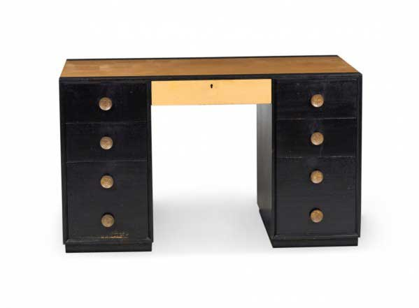 American Mid-Century Blond Maple and Black Lacquer Kneehole Desk