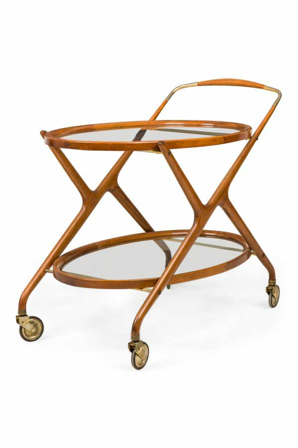 Italian Mid-Century Oval Teak and Brass Serving Trolley