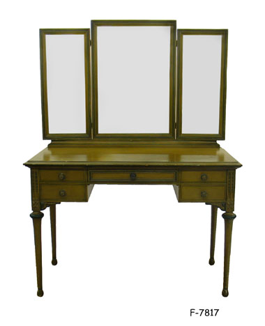 VANITY TABLE: w/3 fold mirror; French style C. 1920's antique green finish w/5 drawers; tapered cylinder legs; 44 x 21 x 60