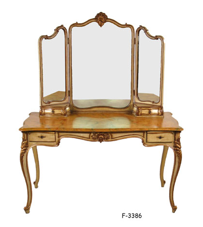 DRESSING TABLE: Louis XV style ivory w/ gold trim with 3-fold mirror, 2 small drawers on faux serpentine pink marble top over 2 drawers, "Restored" 51 1/2"X 24 1/2"X 64 1/2"H. SPECIAL PACKING