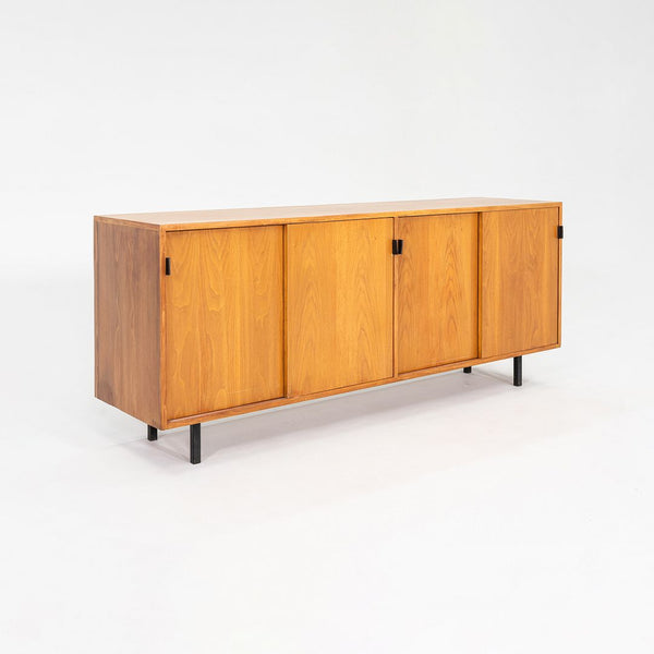 1950s Tall Florence Knoll Credenza in Oak with Sliding Doors and Leather Pulls