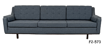 SOFA: 1960s MidCentury Modern, Fully Upholstered in Flecked Medium Blue Wool with 3 Loose Box Edge Seat & 3 Loose Back Cushions-All with Two Rows of Buttons, Button Padded Arm Rests, Walnut Subframe, 92"W x 34"D x 27-1/2"H