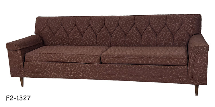 SOFA: "Rowe" C 1960's, Rust Cut Herculon Fabric with Leaf Pattern, Pointed-Form Button Tufted Back; Two Loose Box Edge Seat Cushions, Tapered Walnut Legs; 86" x 31" x 30"H