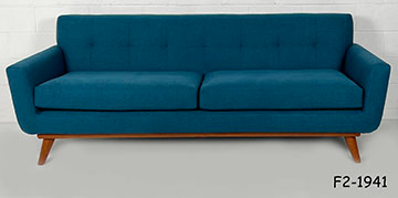 SOFA: Contemporary, Mid Century Style, Upholstered in Variegated Teal Polyester, Squared Back with Shallow Blind Biscuit Tufting, Seat Curves Up on Ends to Form Flared Squared Arms, 2 Loose Box Edge Seat Cushions, Cherry Wood Base with Splayed Feet, 3 PIECES, 90"W x 34"D x 33"H NOTE: CAT-SCRATCHED LEFT ARM