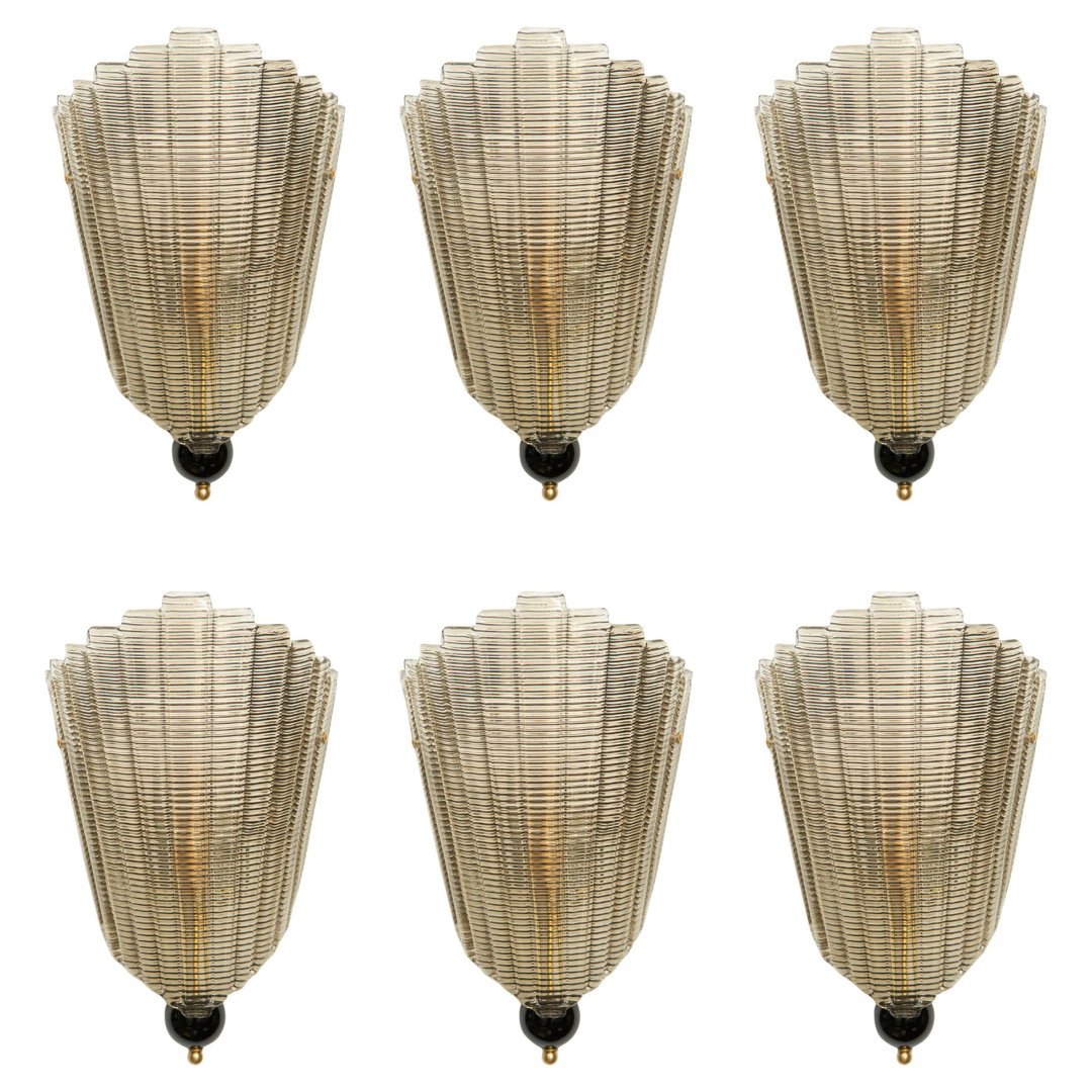 Set of Six Art Deco Style Italian Murano Smoked Glass Wall Sconces, Contemporary