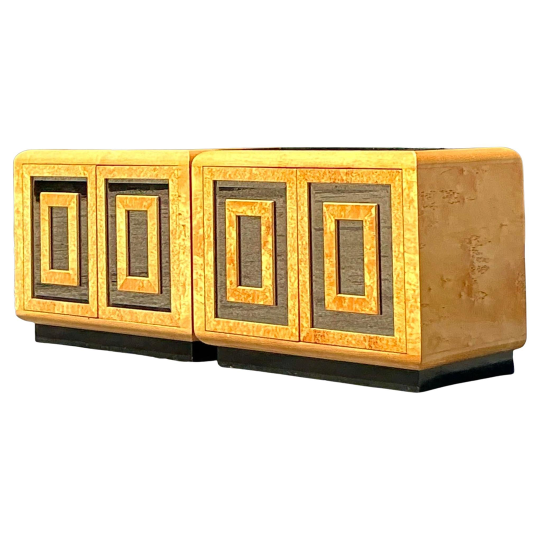 Vintage Romweber Burl and Mirror Nightstands - a Pair