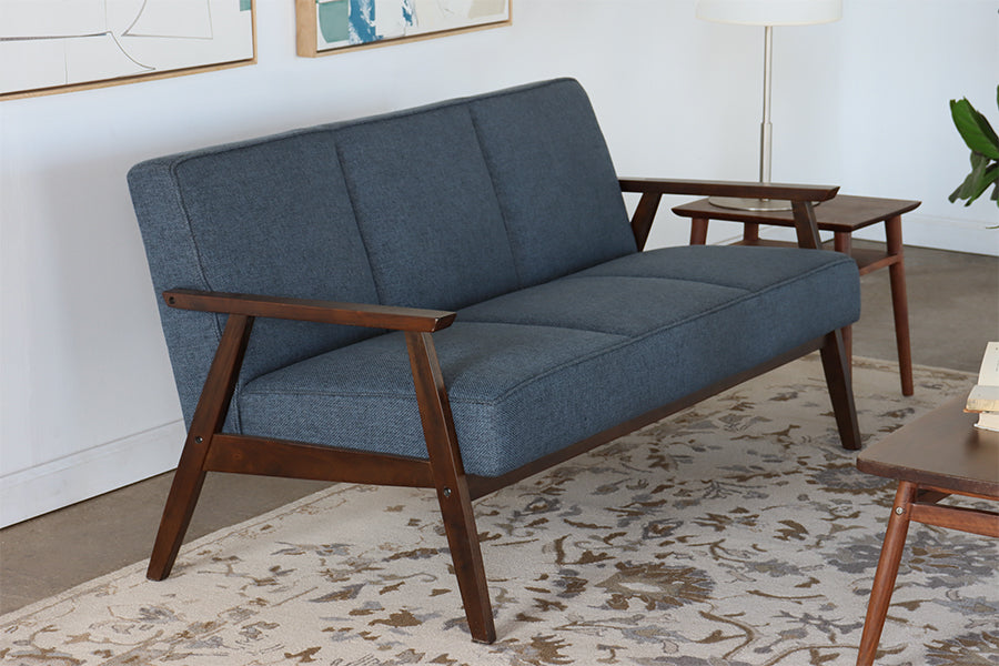 Blue Loveseat with Wood Arms