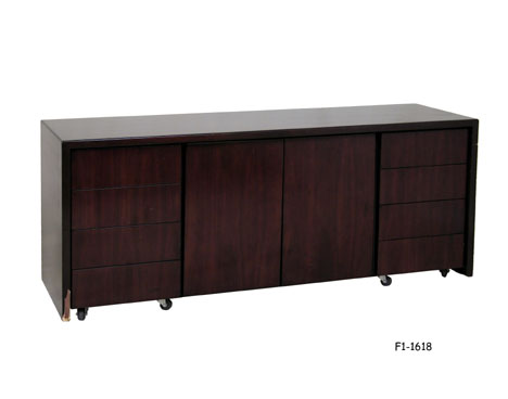 CREDENZA: 1990's Modern, mahogany finish, eight drawers, two center hinged doors, 70-3/4" X 20-3/4" X 29"H SPECIAL PACKING