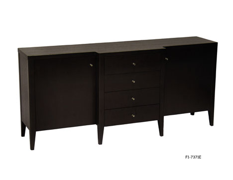 SIDEBOARD: Contemporary, Block Front, Dark Brown Finished Wood, Four Center Drawers, Two Side Doors, 2 Loose Shelves, Six Nickel Plated Knobs, 66-1/4" x 18" x 30"H