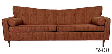 SOFA: 1950s MidCentury Modern "Pagoda" After P. McCobb, Striated Red & Gold Silk, Button Tufted Scoop Back, 2 Loose Box-Edge Seat Cushions, 2 Loose Bolster Pillows, Tapered Walnut Legs, 5 PIECES, 84"W x 32"D x 33"H