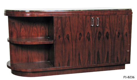 PENTHOUSE SERVER: Deco Style, Clear lacquered Mahogany with Polished Nickel Edge, Double-Sided with 2 Doors-each with Lucite Cylinder & Nickel Pulls, Reverse Side with Open Compartment; Rounded End Over 2 Fixed Shelves, With Casters; 67 x 29-1/2 x 34-1/2"H SPECIAL PACKING #109