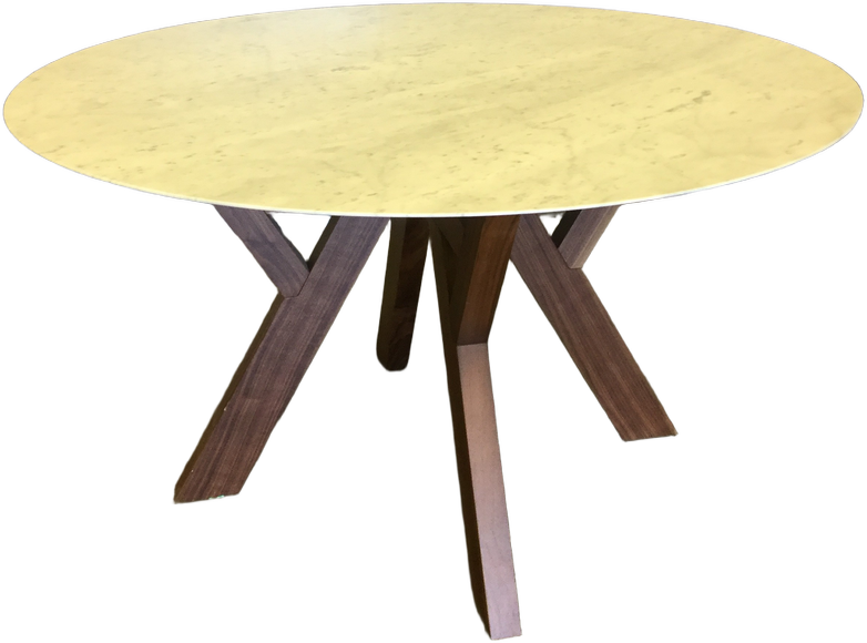 Dining Table, White Carrara Marble Top, American Walnut Legs, "Theodosia" By Yuman Mod, High End Warehouse, Walnut, White, Dining Table, Table, No Visible Wear And Tear, 29"H, 51"RD, UNIVERSAL, Marble, Carrara, Walnut, Modern, Contemporary