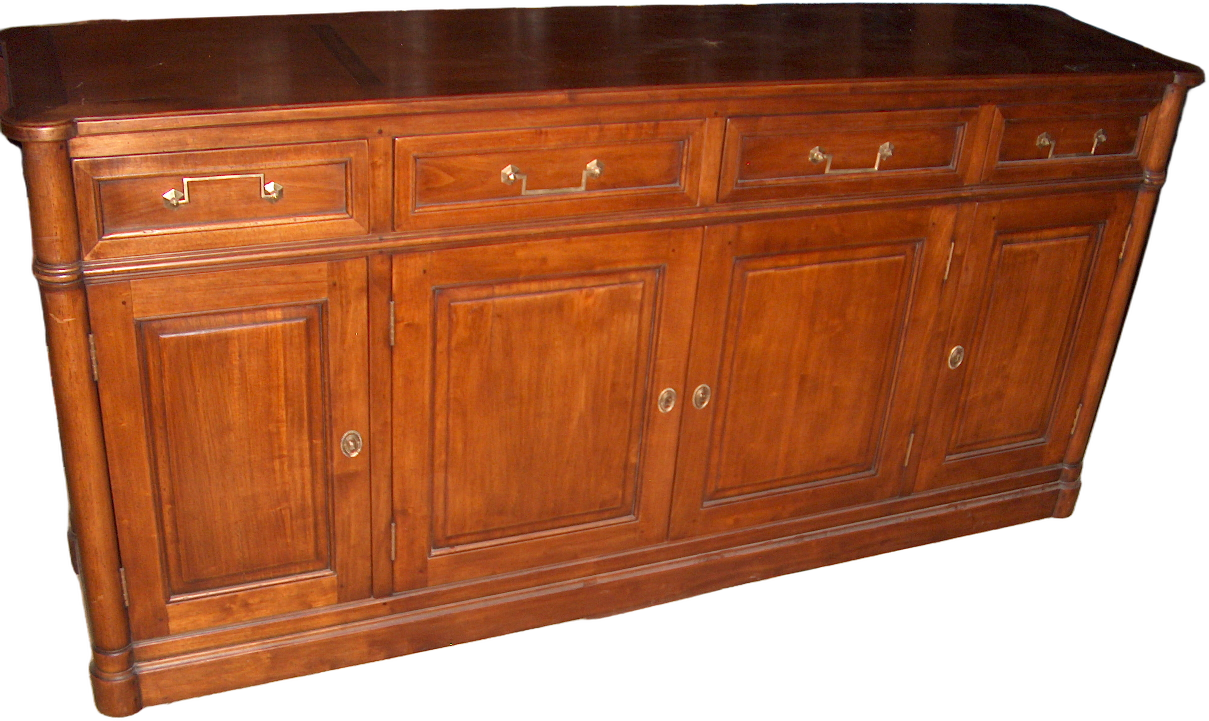 Side Board, Walnut, 4 Drawers With Brass Pulls, 4 Doors With Brass Key Holes, Warehouse, Brown, Brass , Sideboard, KITCHDINE, Normal Wear And Tear, UNIVERSAL, Walnut, Brass, 1990's, Traditional