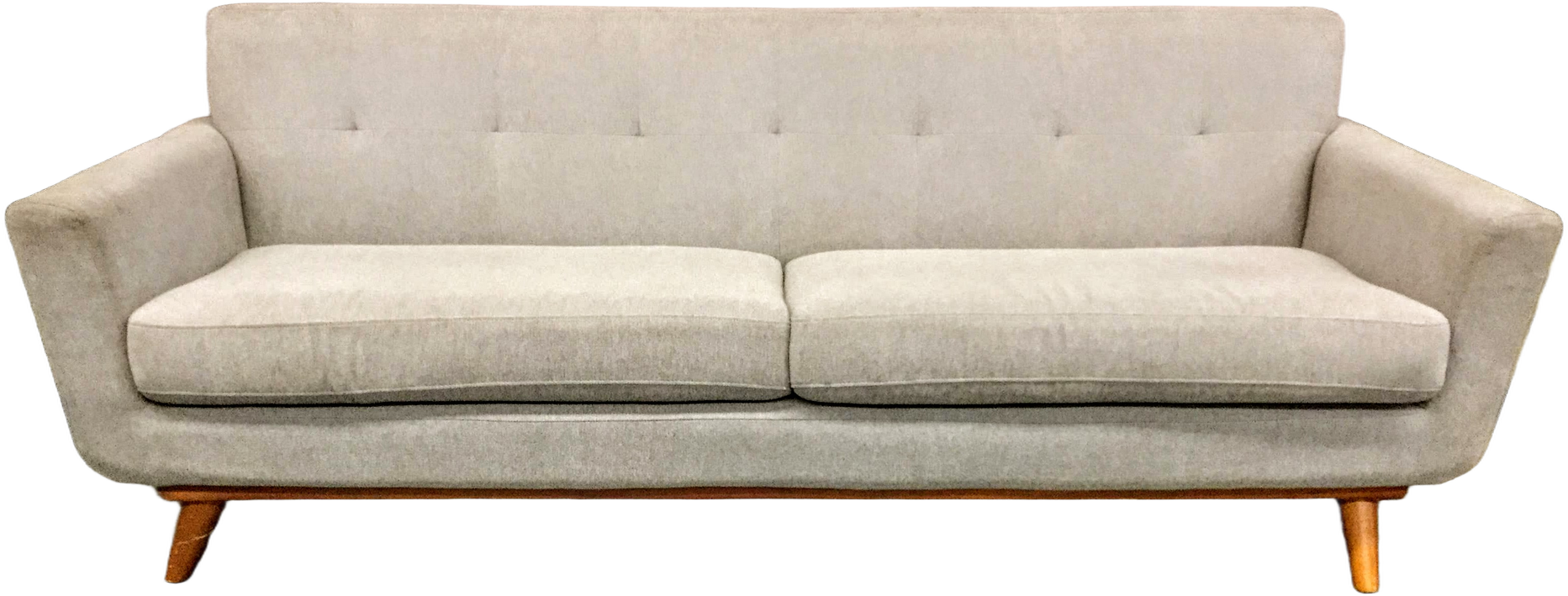 Modern Sofa, Gray Chenille Tweed Upholstery, Tufted Back Rest, Round Tapered Legs, Two Seat Cushions Scratched Legs, High End Warehouse, Gray, Lt. Brown, Hign End Sofa, Sofas, Normal Wear And Tear, 89"W, 33"D, 32"H, Chenille, Walnut, Not Applicable