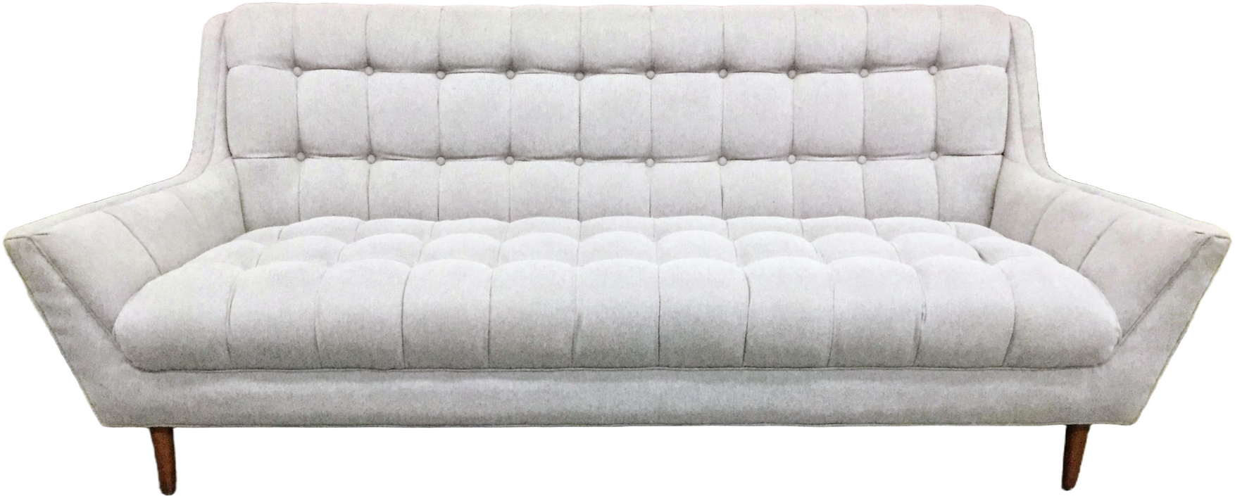 Modern Sofa, Gray Chenille Tweed Upholstery, Button Tufted Seat And Back, Splayed Arms, Round Tapered Walnut Legs, High End Warehouse, Gray, Medium Brown, Hign End Sofa, Sofas, Normal Wear And Tear, 89"W, 36"D, 34"H, UNIVERSAL, Chenille, Walnut, Not Applicable