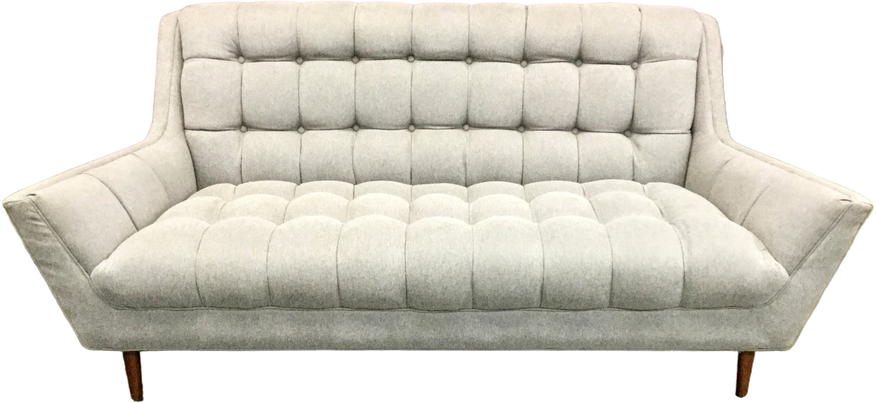 Modern Sofa, Gray Chenille Tweed Upholstery, Button Tufted Seat And Back, Splayed Arms, Round Tapered Walnut Legs, High End Warehouse, Gray, Medium Brown, Hign End Sofa, Sofas, Normal Wear And Tear, 78"W, 36"D, 34"H, Chenille, Walnut, Not Applicable