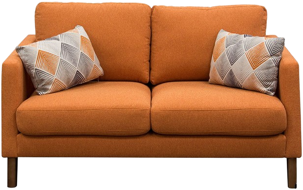 Sofa, Love Seat, Orange, Wood Angled Legs, Includes To Accent Pillows With Geometric Designs. , Warehouse, Orange, Gray, Loveseat, Sofas, White, Normal Wear And Tear, W 63", D 39", H 35", UNIVERSAL, Upholstery, Geometric