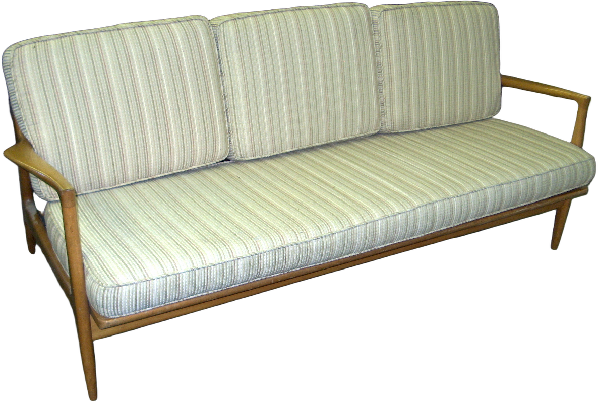 Danish Modern Sofa, Blond Maple, Tan And Cream Cotton Cushions, 1 Seat And 3 Back, Warehouse, Blond, Tan, Sofa, Sofas, No Visible Wear And Tear, Maple, Cotton, 1950's, Danish Modern