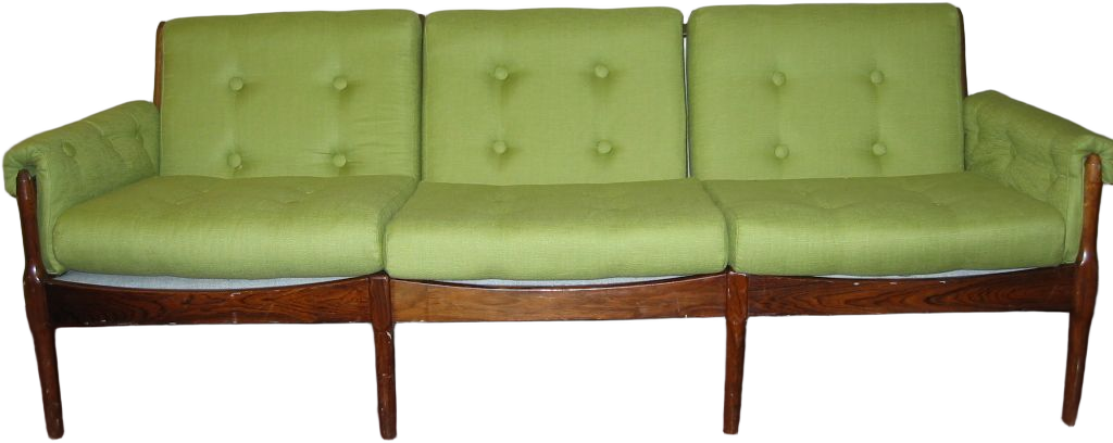Sofa, Walnut Finished Wood Frame With Spindled Sides And Back, Barrel Legs, 3 Lime Green Buttoned Seat And Back Cushions, And Shaped Side Cushions, Matching Chairs, Warehouse, Walnut, Lime Green, Sofa, Sofas, No Visible Wear And Tear, 82"W, 30"D, 30"H, UNIVERSAL, Walnut, Polyester Blend, Danish Modern