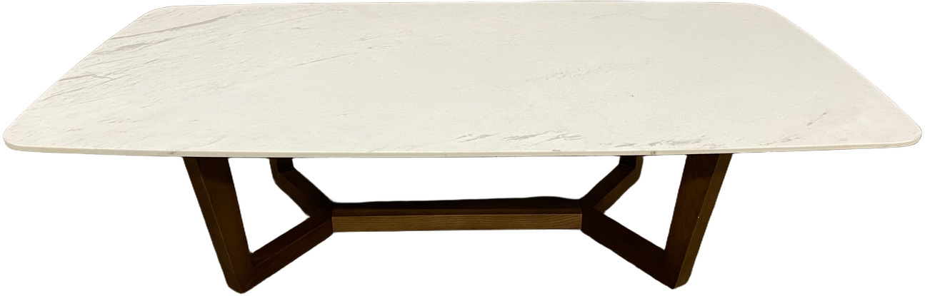 Rove Concepts White Carrera Marble Coffee Table. Wood Base, High End Warehouse, White, Brown, Coffee Table, Table, No Visible Wear And Tear, 51" L, 27" W, 13.5"H, Rove Concepts, UNIVERSAL, Marble, Wood