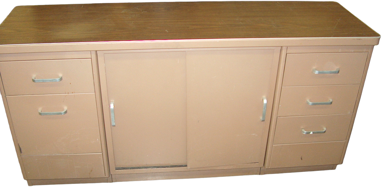 Credenza, Steel, Brown,5 Drawers, 1 Sliding Doors, Silver Pulls, Warehouse, Brown, Credenza, Office, Normal Wear And Tear, UNIVERSAL, Steel, Formica, 1970's