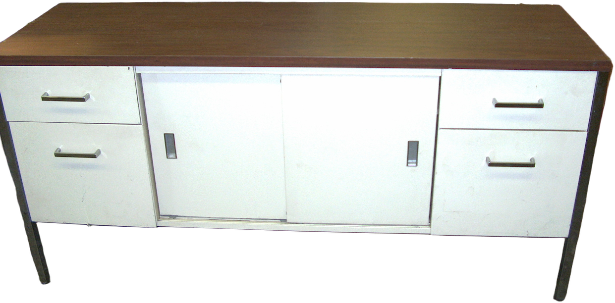 Credenza, Office, 1980's, Tan Steel, Brown Formica, Chromed Handles And Legs, Warehouse, Tan, Brown, Credenza, Office, Silver, No Visible Wear And Tear, Metal, Formica, 1980's, Contemporary